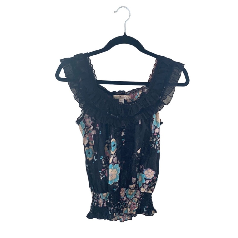 American Rag Floral‎ Ruffle Whimsigoth Top Smocked Blouse Black Blue Pink Size S